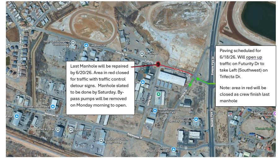 Crews will begin asphalt hot mix paving operations on Trifecta and Futurity tomorrow, June 19, 2026. Motorists in the area should expect construction activity and plan for potential traffic adjustments throughout the day.