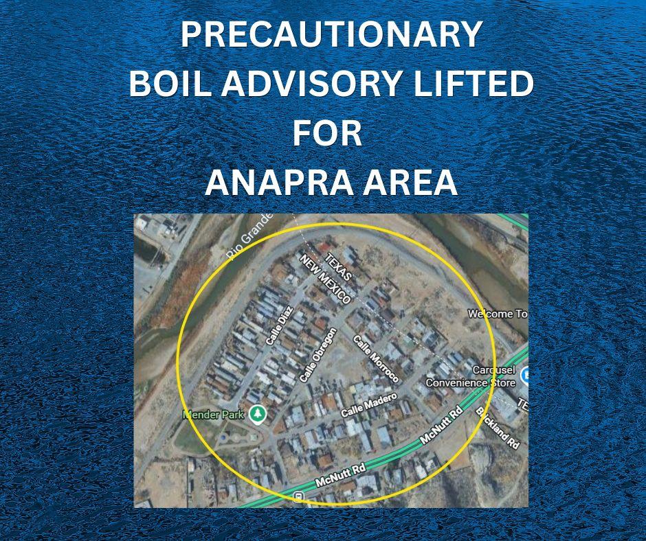 Precautionary Water Boil Advisory Lifted for Anapra Area (Posted 09-09-26 @ 1:06 p.m.)